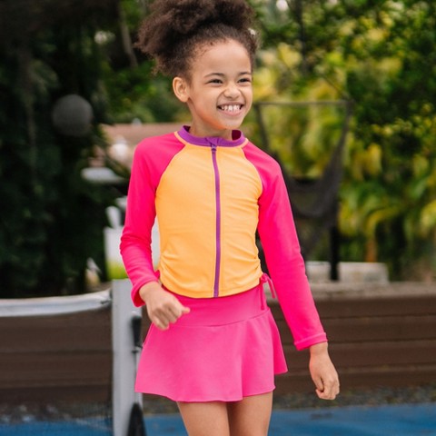 Lands' End Kids Chlorine Resistant Long Sleeve Zip Front Rash Guard - Large - Orange Pop/Pink Colorblock