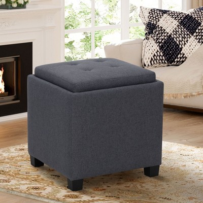 Square Leather Ottoman with Reversible Tray Lid – Hidden Storage Footrest, Small Coffee Table, Sturdy Design – 18”x18”
