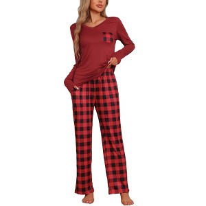 cheibear Women's Long Sleeve Plaid Pattern Top with Pockets with Pants Pajamas Set - 1 of 4