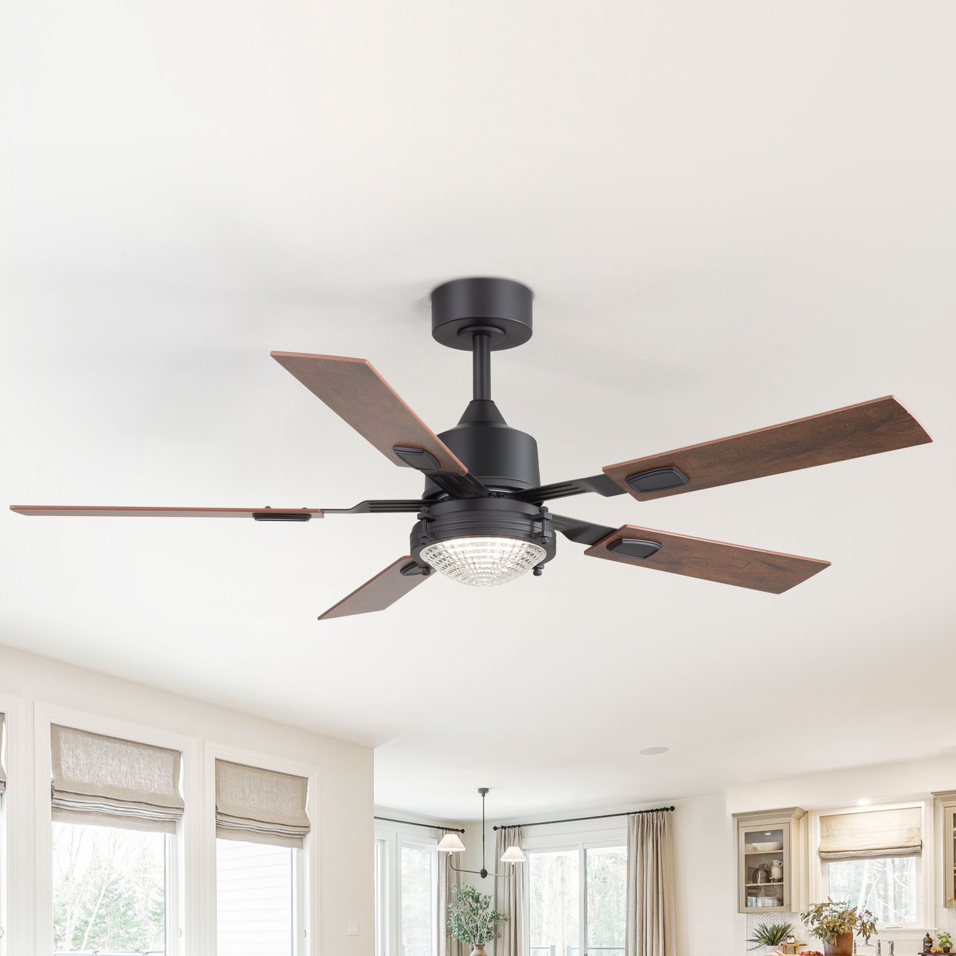 Airsurfer 52" Matte Black Ceiling Fan with Color-Changing Light,  with Dual-Tone Wood Blades, 5-Blade, Remote Included