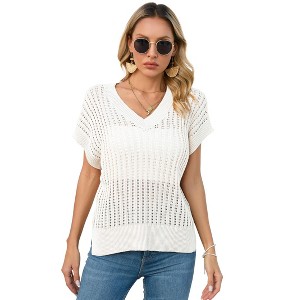 Womens V Neck Summer Pullover Sweater Vests Cap Sleeve Tops Casual Loose Fit Lightweight Knit Vest Tops - 1 of 4