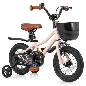 Costway 12"/14"/16"/18" Kid’s Bike with Training Wheels Adjustable Handlebar & Seat Handbrake Pink - 1 of 4