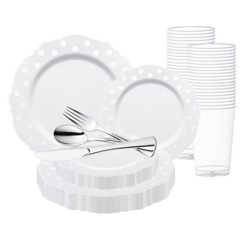 Smarty Had A Party White with Silver Dots Round Blossom Disposable Plastic Wedding Value Set (60 Settings) - image 1 of 1