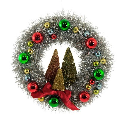 Holiday Ornament 6.5" Merry & Bright Tinsel Wreath Three Gold Trees  -  Tree Ornaments