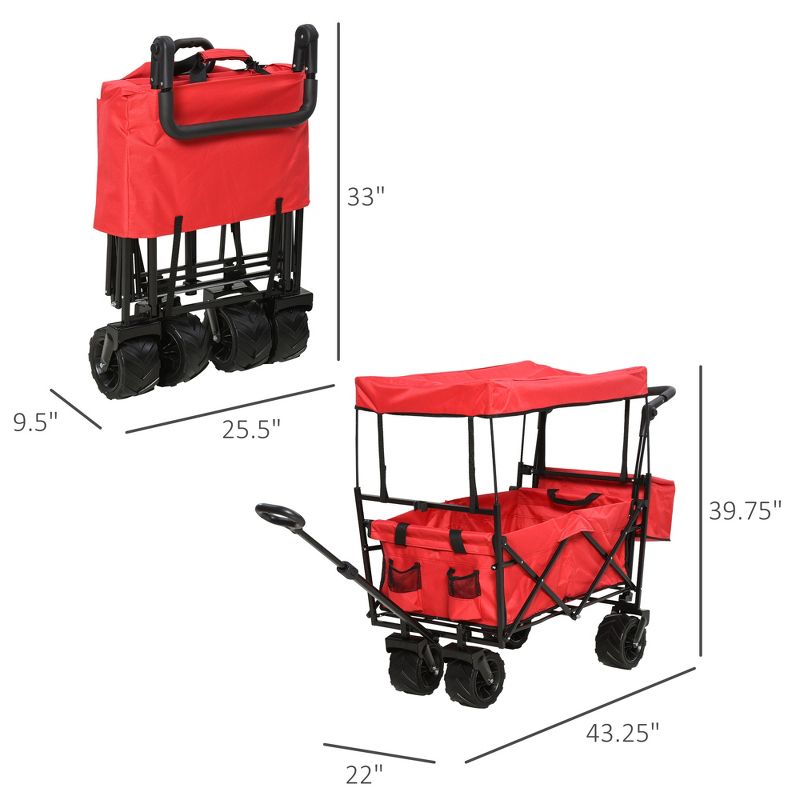 DURHAND Collapsible Folding Utility Garden Cart Wagon with Adjustable Push/Pull Handle Canopy & All-Terrain Wheels, 5 of 9
