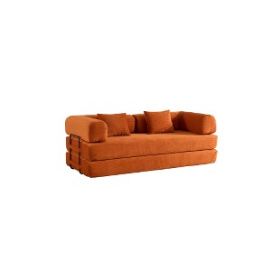 Ridstar Corduroy Convertible Folding Sofa Bed with Cylindrical Pillow & Fixed-Shape Frame for Living Room & Bedroom-Orange - 1 of 4