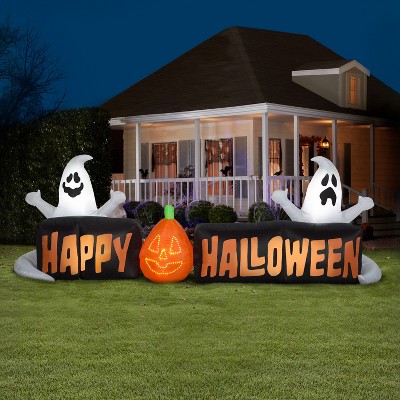 Gemmy Lightshow Airblown Inflatable Micro Lights Sign Happy Halloween w/Ghosts and JOL Scene (White), 3 ft Tall