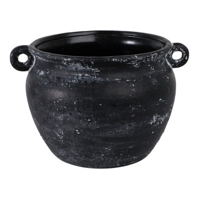 Large Ceramic Planter with Sculpted Handles for Indoor or Outdoor Display: Black Round Contemporary Tabletop Decor