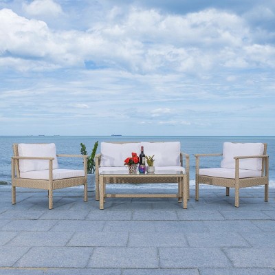 Beige Wicker 4-Piece Outdoor Living Set with Cushions