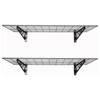 SafeRacks 18 x 48 Inch Heavy Duty Garage Wall Mounted Utility Shelf with 4 Accessory Hooks and 500 Pound Maximum Capacity, Hammertone Grey (2 Pack)