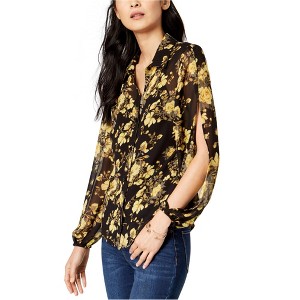 I.N.C International Concepts Womens Split Sleeve Floral Button Down Blouse, Black, Large - 1 of 1