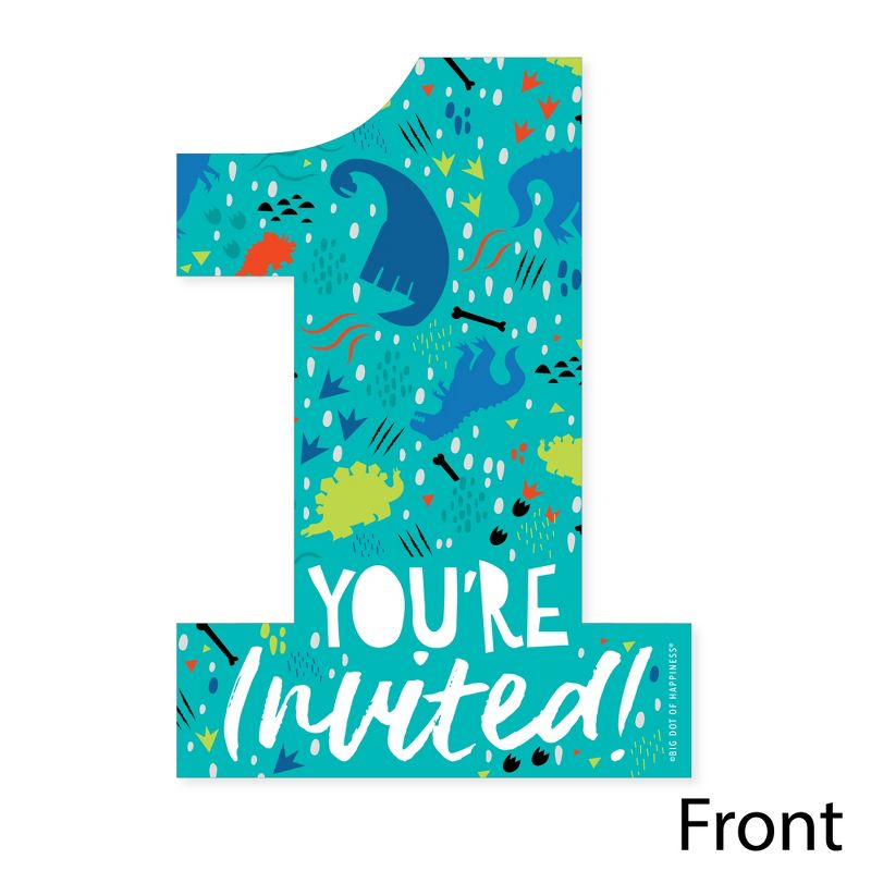 Big Dot of Happiness 1st Birthday Roar Dinosaur - Shaped Fill-In Invites ONEasaurus Dino First Birthday Party Invitation Cards with Envelopes - 12 Ct, 3 of 8