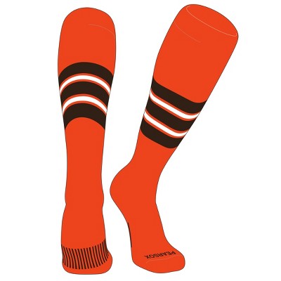 PEAR SOX Striped OTC Baseball, Softball, Football Socks (E) Orange, Brown, White (XL)
