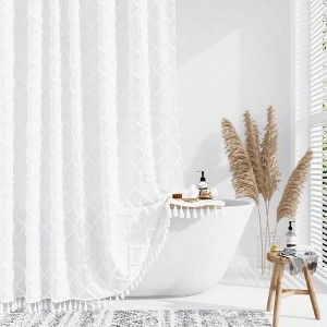 Long Shower Curtain 96 Inches Boho Tufted Geometric Striped Fabric White Bathroom Tall Farmhouse Waterproof - 1 of 4