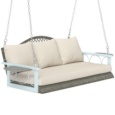 Outsunny 3 Person Outdoor Hanging Wicker Porch Swing Bench with Cup Holders, Cushions, and Chains, 800 LBS Capacity for Garden Backyard
