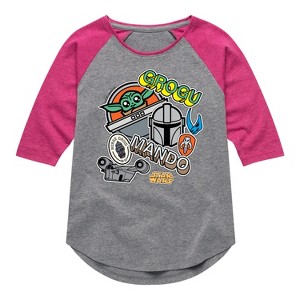 Girls' - The Mandalorian - Mando Grogu Stickers Shirt Tail Raglan Graphic T-shirt - 1 of 4