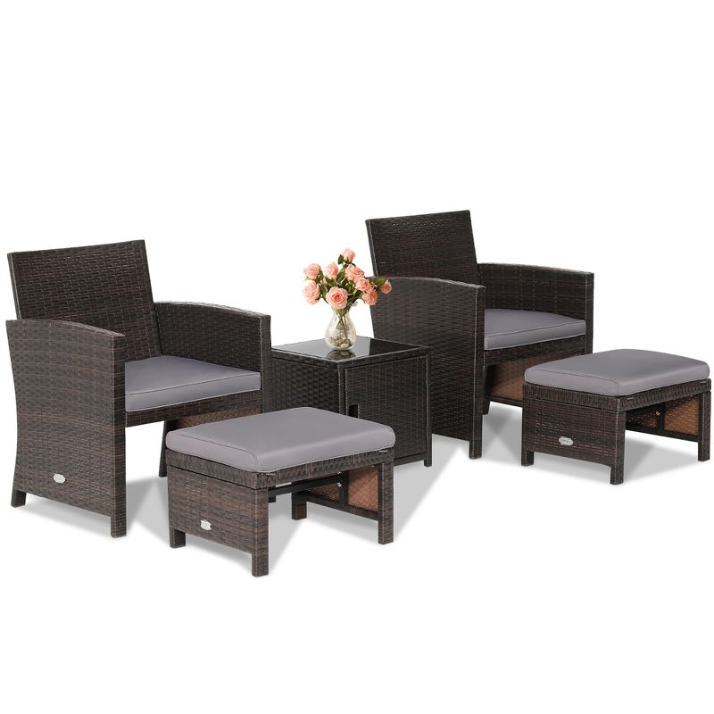 Costway 5PCS Patio Rattan Furniture Set Ottoman Cushioned W/Cover Space Saving Off White/Gray/Red/Turquoise, 3 of 11