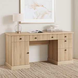 Garvee 60" Modern Executive Desk Storage, Fluted Home Office Desk with Charging Station, Wooden Computer Desk with File Cabinet & Drawers - 1 of 4