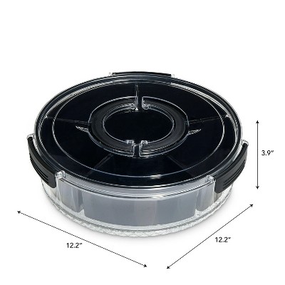 LunaLulinlk Black round snack box with 6 compartments, lid and handle