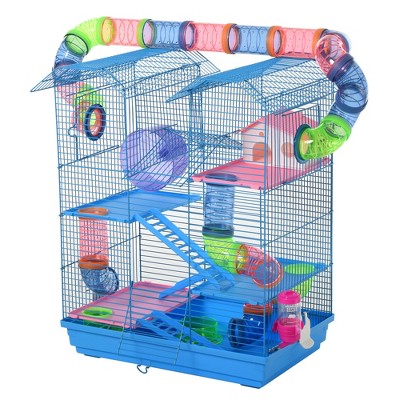PawHut 5 Tiers Hamster Cage Small Animal Rat House with Exercise Wheels Tube Water Bottles and Ladder Blue