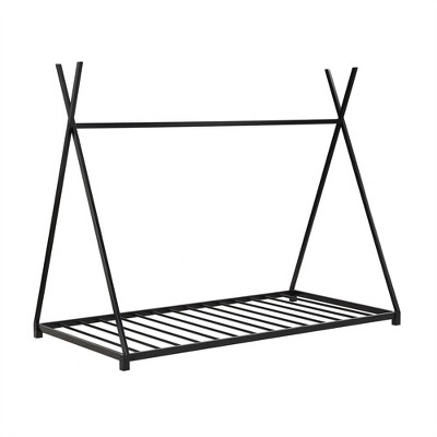 COWLOWN Twin House Platform Bed, Metal Frame with Safety Railings, Triangle Structure & Wood Slats