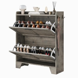 Shoe Cabinet with 2 Flip Down Drawers & 2 Hooks, Farmhouse  Entryway Shoe Storage Organizer With adjustable shelves for Hallway, Small Spaces - 1 of 4