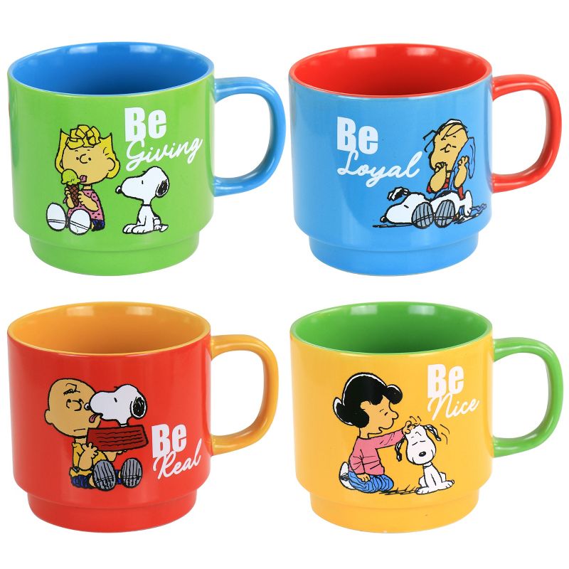 Gibson Peanuts Classic Gentle Reminders Collection 4 Piece Stoneware Stackable Mug Set with Metal Stand in Assorted Colors, 5 of 7