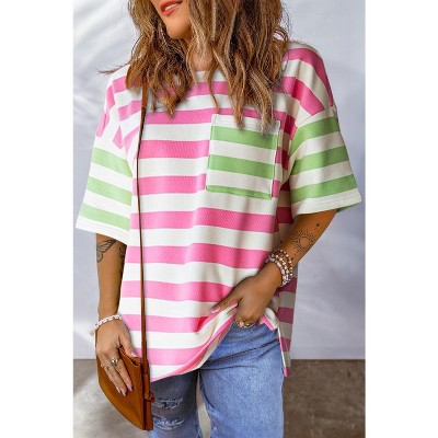 I AM A FASHION JUNKY Blue Stripe Patch Pocket Drop Sleeve Slits T Shirt Pink Stripe
