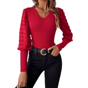 Clearlove Women's Ribbed V-Neck Blouse with Chiffon Panel Accents - Slimming Long Sleeve Knit Top - 1 of 4