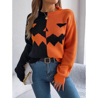 Halloween Women's Star Pattern Crew Neck Drop Shoulder Casual Sweater Pullover Knitwear