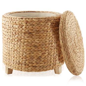 Casafield 17" Round Storage Ottoman with Lid, Handwoven Footrest for Living Room, Bedroom, Bathroom, Home Office