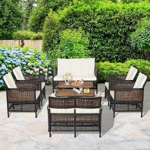 Costway 8PCS Patio Rattan Furniture Set Cushioned Chairs Wood Table Top W/Shelf - 1 of 4