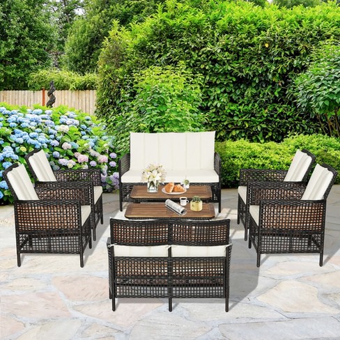 Costway 8PCS Patio Rattan Furniture Set Cushioned Chairs Wood Table Top  W/Shelf