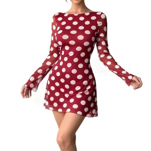 Women's Polka Dot Backless Mini Dress Flowy Chiffon Bell Long Sleeve Round Neck Party & Casual Dress - 1 of 4