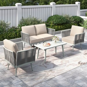 Captiva Designs Outdoor Patio Rope Rattan Furniture Conversation Sets with Coffee Table - 1 of 4
