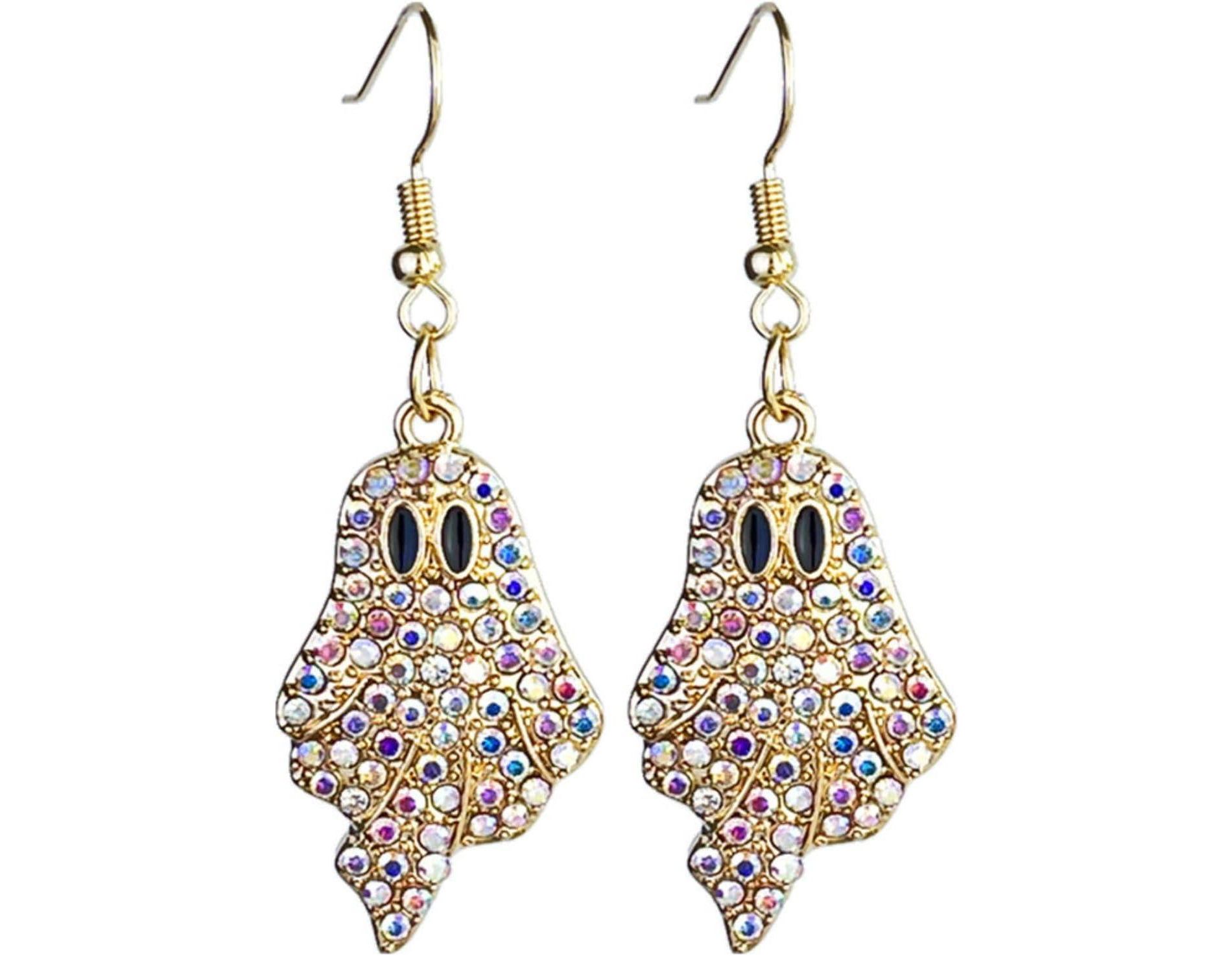 Sparkly Rhinestone Halloween Earrings: Pumpkin & Ghost Dangle