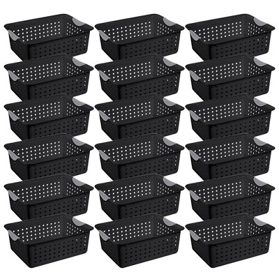 Sterilite Medium Ultra Indoor Home Plastic Storage Organizer Basket Container with Contoured Handles for Cabinets, Shelves, Black (18 Pack)
