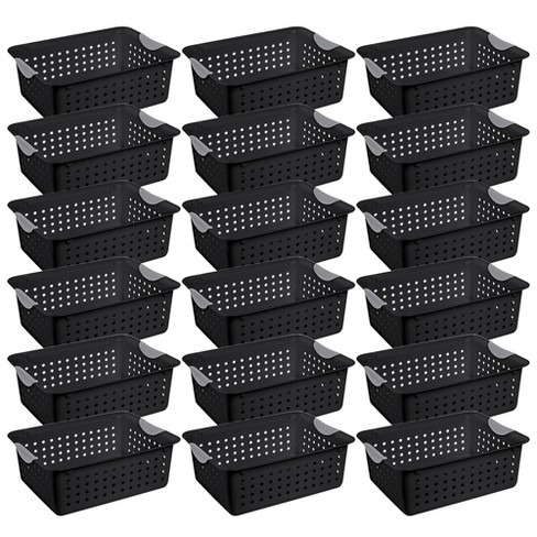 Sterilite Medium Ultra Indoor Home Plastic Storage Organizer Basket  Container with Contoured Handles for Cabinets, Shelves, Black (18 Pack)