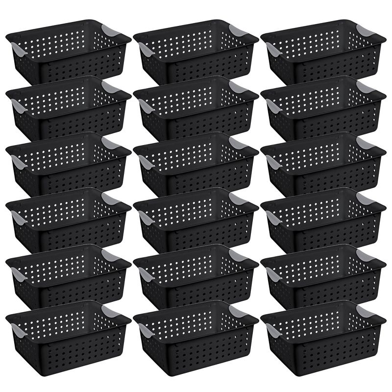 Sterilite Medium Ultra Indoor Home Plastic Storage Organizer Basket Container with Contoured Handles for Cabinets, Shelves, Black (18 Pack), 1 of 6