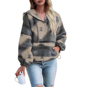 Imily Bela Womens Casual Aztec  Half Zip Up Hoodie Oversized Long Sleeve Ethnic Hooded Pullover - 1 of 3