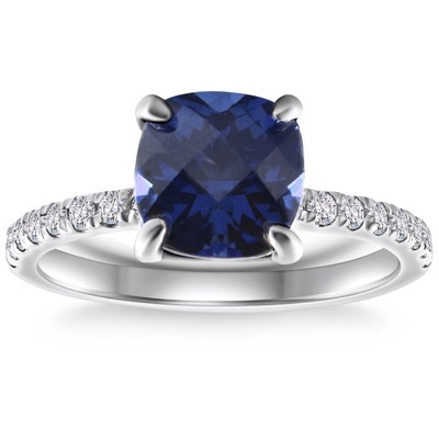 Pompeii3 VS 2 1/3Ct TW Cushion Blue Sapphire & Diamond Ring in 14k White Gold
