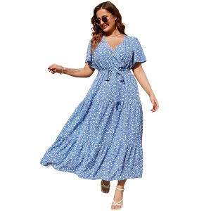 Coolmee Women Summer Maxi Dress Plus Size V Neck Wrap Floral Print Short Sleeves Ruffle Tiered Dress with Belt - 1 of 4