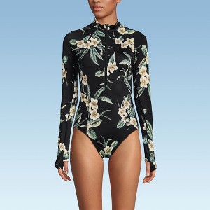 Lands' End Women's Chlorine Resistant Zip Front Long Sleeve Tugless Sporty One Piece Swimsuit - 1 of 4