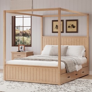 Queen Size 4 Poster Canopy Platform Bed with Trundle and 3 Drawers, Solid Wood Bed Frame with Headboard, No Box Spring Needed - ModernLuxe - 1 of 4