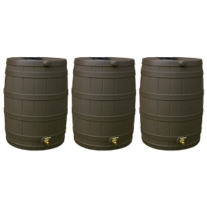 Good Ideas Rain Wizard 40 Gallon Plastic Outdoor Home Rain Water Storage Collection Barrel Drum with Brass Spigot, Oak (3 Pack) - 1 of 4