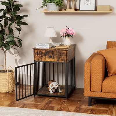 LAOTIES Indoor Dog Crate Furniture With Drawer,Wooden Dog Kennel End Table,Chew Proof Iron Tube Dog Cage For Small Dogs