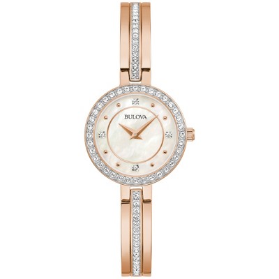 Bulova Ladies' Classic Rose Gold Stainless Steel Crystal Accent Dial Bangle Bracelet Watch, 26mm, Mother of Pearl Dial