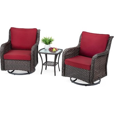 3-Piece Outdoor Wicker Bistro Set with 360 Swivel Rocking Chairs, Includes Premium Cushions and Armored Glass Top Side Table, Perfect Patio Furniture
