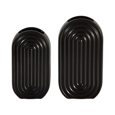 11" Black Ridged Oval Ceramic Table Vase