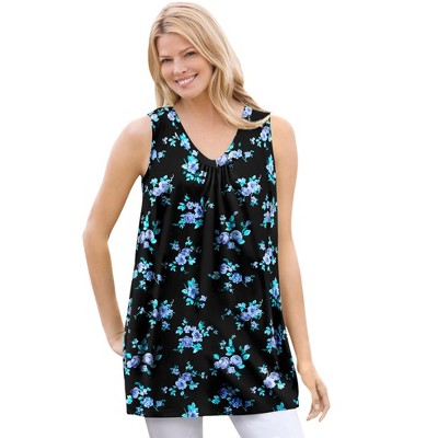 Woman Within Plus Size Perfect Printed Sleeveless Shirred V-Neck Tunic